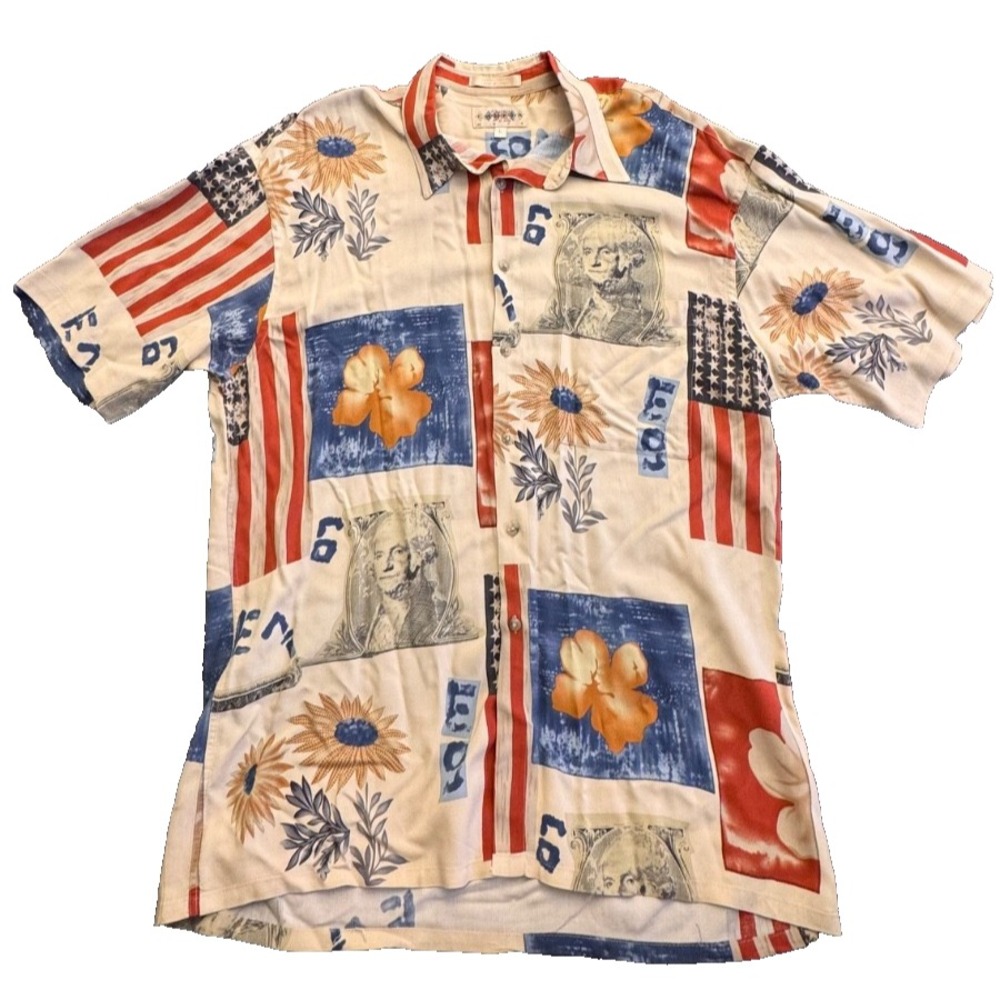 Vintage Campia Moda Americana Hawaiian Shirt Patriotic Novelty Print‎ Large